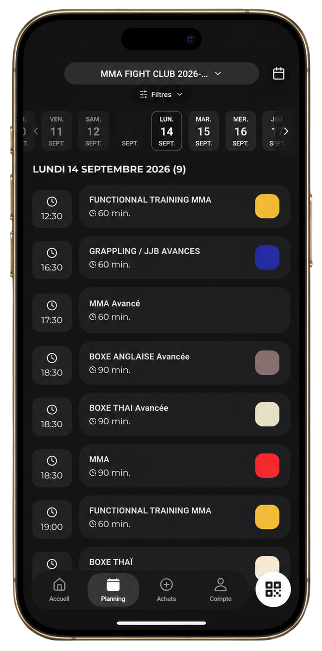 Application Sportigo MMA Fight Club Gym - Planning